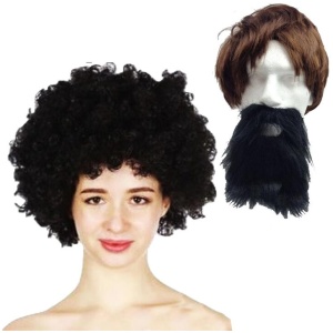 2pc Set Black Jumbo Afro Wig + Party Beard Moustache Costume Fancy Dress Fake Hair