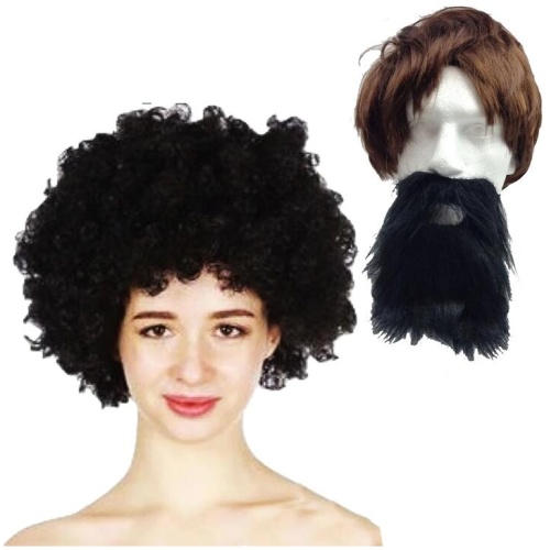 2pc Set Black Jumbo Afro Wig + Party Beard Moustache Costume Fancy Dress Fake Hair
