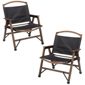 2x Bamboo Canvas Foldable Outdoor Camping Chair Wooden Travel Picnic Park - Black