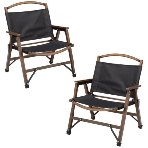 2x Bamboo Canvas Foldable Outdoor Camping Chair Wooden Travel Picnic Park - Black