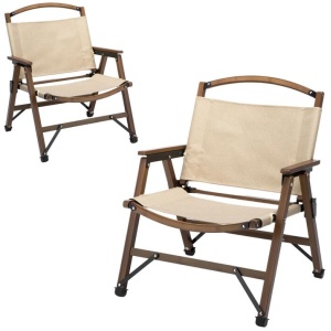 2x Bamboo Foldable Outdoor Camping Chair Wooden Travel Picnic Park Folding - Khaki/Beige