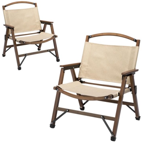2x Bamboo Foldable Outdoor Camping Chair Wooden Travel Picnic Park Folding - Khaki/Beige