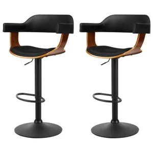 2x Bar Stools Gas Lift Leather w/Armrest All Black