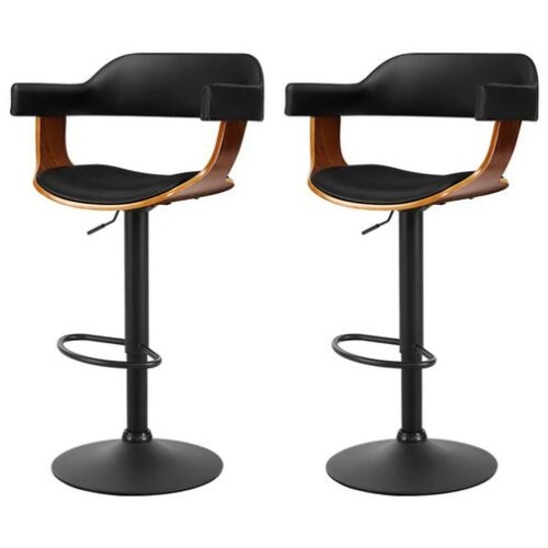 2x Bar Stools Gas Lift Leather w/Armrest All Black