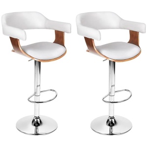 2x Bar Stools Gas Lift Leather w/Armrest White