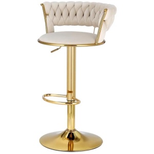 2x Bar Stools Gas Lift Velvet Woven Backrest Ivory
