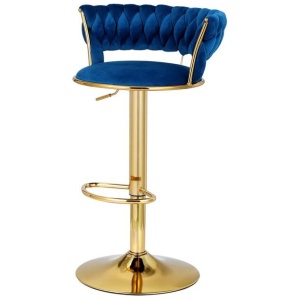 2x Bar Stools Gas Lift Velvet Woven Backrest Navy