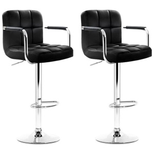2x Bar Stools Leather Gas Lift w/Armrest Black