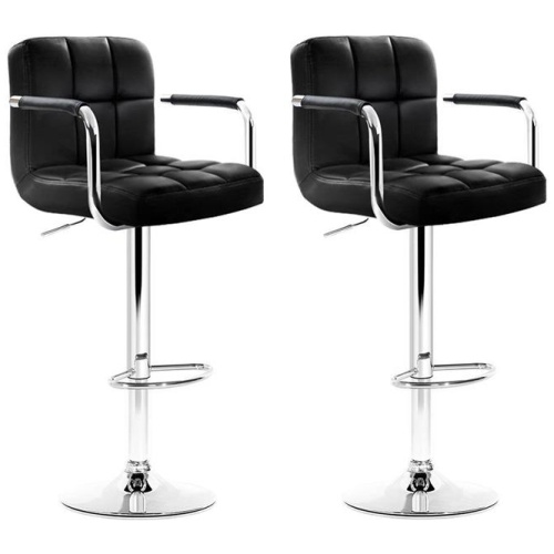 2x Bar Stools Leather Gas Lift w/Armrest Black