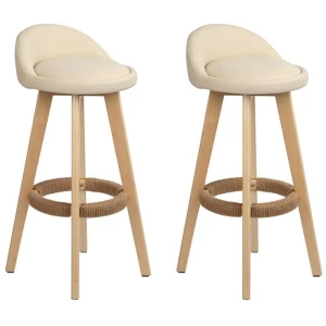 2x Bar Stools Padded Leather Wooden Beige