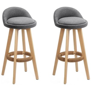 2x Bar Stools Padded Linen Wooden Grey