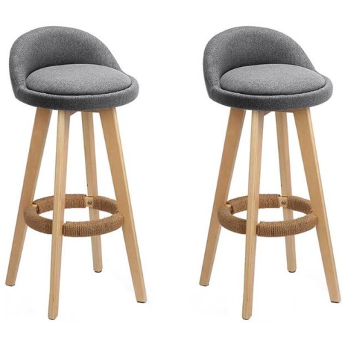 2x Bar Stools Padded Linen Wooden Grey
