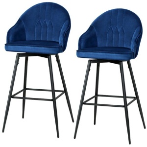 2x Bar Stools Velvet Swivel Metal Legs Blue