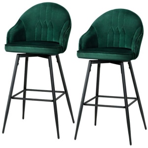 2x Bar Stools Velvet Swivel Metal Legs Green