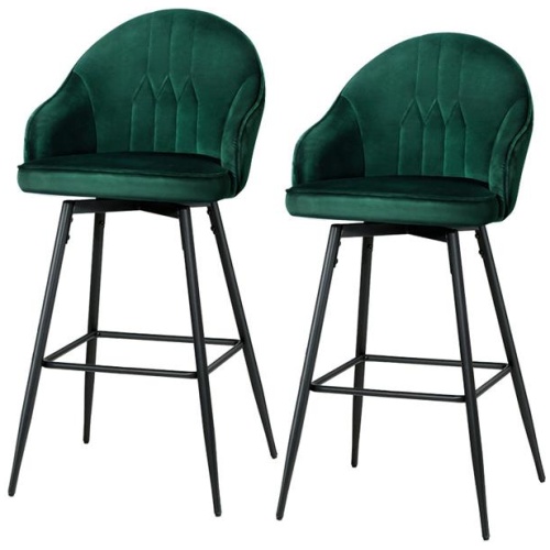 2x Bar Stools Velvet Swivel Metal Legs Green