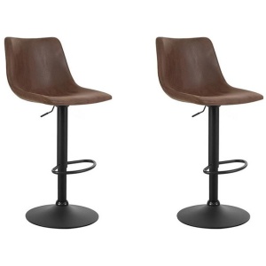 2x Bar Stools Vintage Leather Swivel Gas Lift Brown