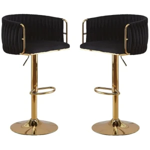 2x Height Adjustable Black Swivel Bar Stool Velvet Golden Round Base Barstools Chairs