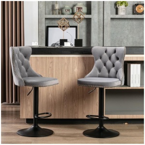 2x Height Adjustable Swivel Bar Stool Velvet Nailhead Barstool with Footrest