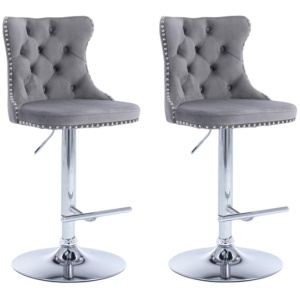 2x Height Adjustable Swivel Bar Stool Velvet Stud Barstool with Footrest and Chromed Base- Gray