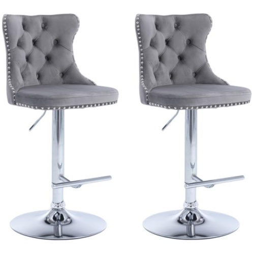 2x Height Adjustable Swivel Bar Stool Velvet Stud Barstool with Footrest and Chromed Base- Gray