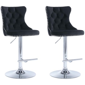 2x Height Adjustable Swivel Bar Stool Velvet Studs Barstool with Footrest and Chromed Base- Black