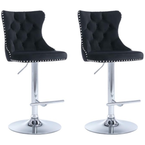 2x Height Adjustable Swivel Bar Stool Velvet Studs Barstool with Footrest and Chromed Base- Black