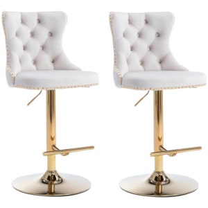 2x Height Adjustable Swivel Bar Stool Velvet Studs Barstool with Footrest and Golden Base- Beige