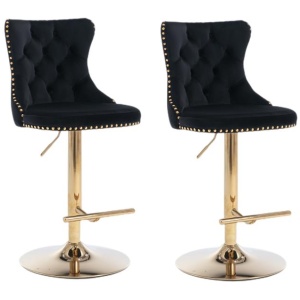 2x Height Adjustable Swivel Bar Stool Velvet Studs Barstool with Footrest and Golden Base- Black