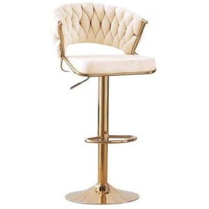 2x Height Beige Velvet Padded Golden Round Base Barstools Chairs