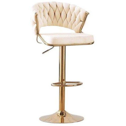 2x Height Beige Velvet Padded Golden Round Base Barstools Chairs