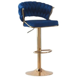 2x Height Blue Velvet Padded Golden Round Base Barstools Chairs