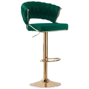 2x Height Green Velvet Padded Golden Round Base Barstools Chairs