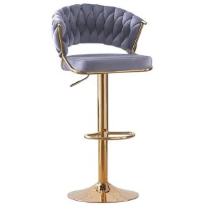 2x Height Grey Velvet Padded Golden Round Base Barstools Chairs