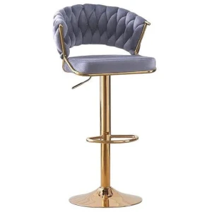 2x Height Grey Velvet Padded Golden Round Base Barstools Chairs