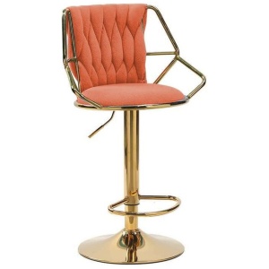 2x Height Velvet Padded Golden Round Base Barstools Chairs with Backrest and Footrest -ORANGE