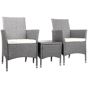 3 Piece Wicker Outdoor Chair Side Table Furniture Set - Grey