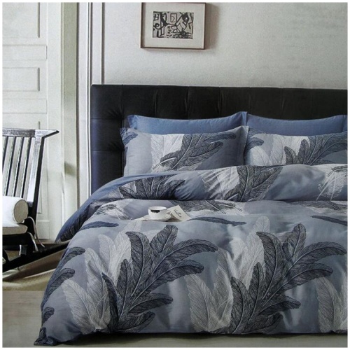 300TC Palm Leaf Blue Reversible Cotton Quilt Cover Set Queen