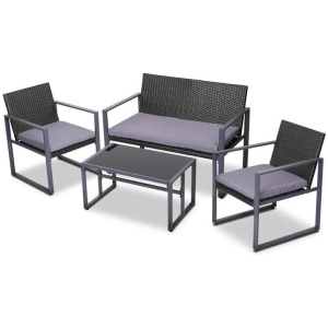 4 PCS Outdoor Sofa Set Rattan Furniture Glass Top Table Chairs Black