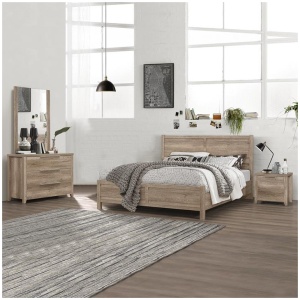 4 Pieces Bedroom Suite Natural Wood Like MDF Structure Double Size Oak Colour Bed, Bedside Table & Dresser