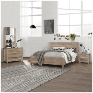 4 Pieces Bedroom Suite Natural Wood Like MDF Structure King Size Oak Colour Bed, Bedside Table & Dresser