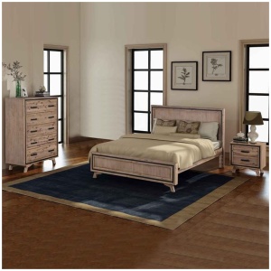 4 Pieces Bedroom Suite Queen Size Silver Brush in Acacia Wood Construction Bed, Bedside Table & Dresser