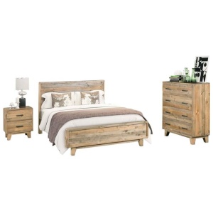 4 Pieces Bedroom Suite Queen Size in Solid Wood Antique Design Light Brown Bed, Bedside Table & Tallboy
