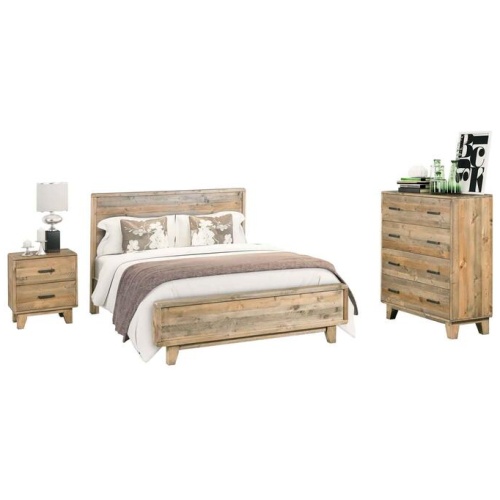 4 Pieces Bedroom Suite Queen Size in Solid Wood Antique Design Light Brown Bed, Bedside Table & Tallboy