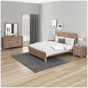 4 Pieces Bedroom Suite in Solid Wood Veneered Acacia Construction Timber Slat Double Size Oak Colour Bed, Bedside Table & Dresser