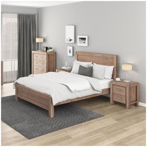 4 Pieces Bedroom Suite in Solid Wood Veneered Acacia Construction Timber Slat Double Size Oak Colour Bed, Bedside Table & Tallboy