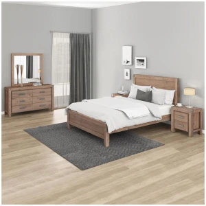 4 Pieces Bedroom Suite in Solid Wood Veneered Acacia Construction Timber Slat Single Size Oak Colour Bed, Bedside Table & Dresser