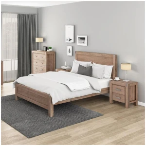 4 Pieces Bedroom Suite in Solid Wood Veneered Acacia Construction Timber Slat Single Size Oak Colour Bed, Bedside Table & Tallboy
