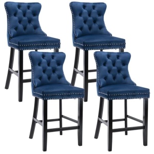 4X Velvet Bar Stools with Studs Trim Wooden Legs Tufted Dining Chairs Kitchen