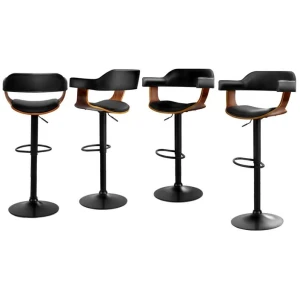 4x Bar Stools Gas Lift Leather w/Armrest All Black