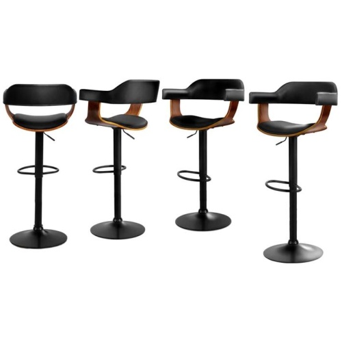 4x Bar Stools Gas Lift Leather w/Armrest All Black